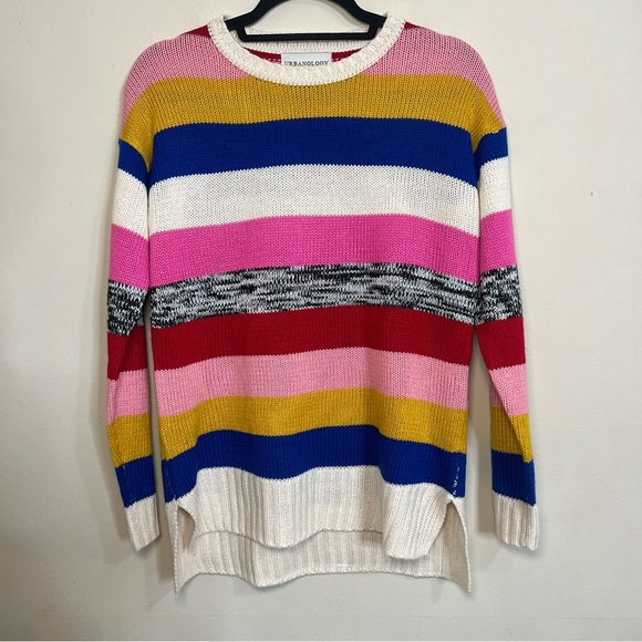 Pink and Blue Crew Neck Sweater with Colorful Stripes - Picture 1 of 4